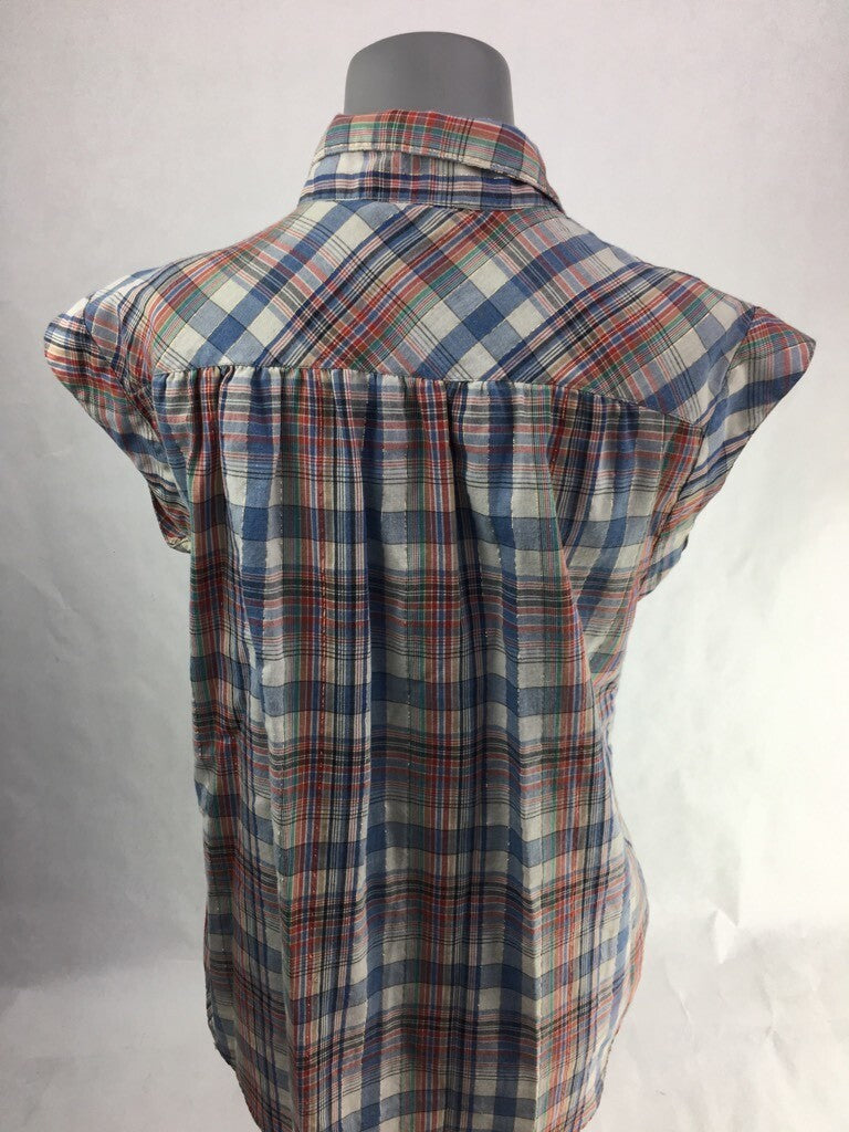 Ricki Miss Erika Womens Button Up Shirt Blue Red Plaid Cap Sleeves Pockets Top S
