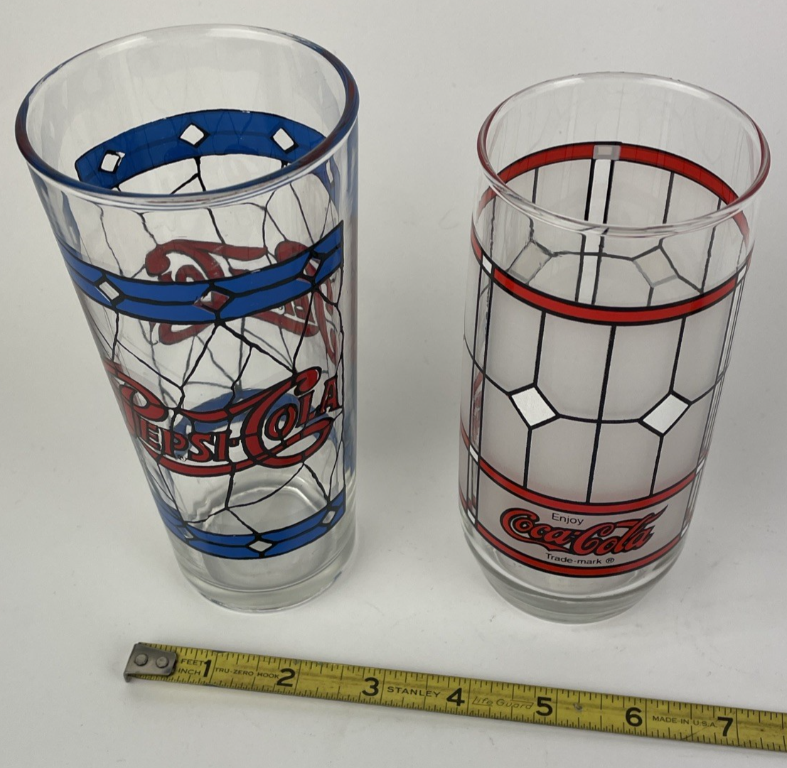 2 x Vintage 1970 Pepsi / Coca Cola Soda Pop Blue Red 12 oz Stained Glass Window