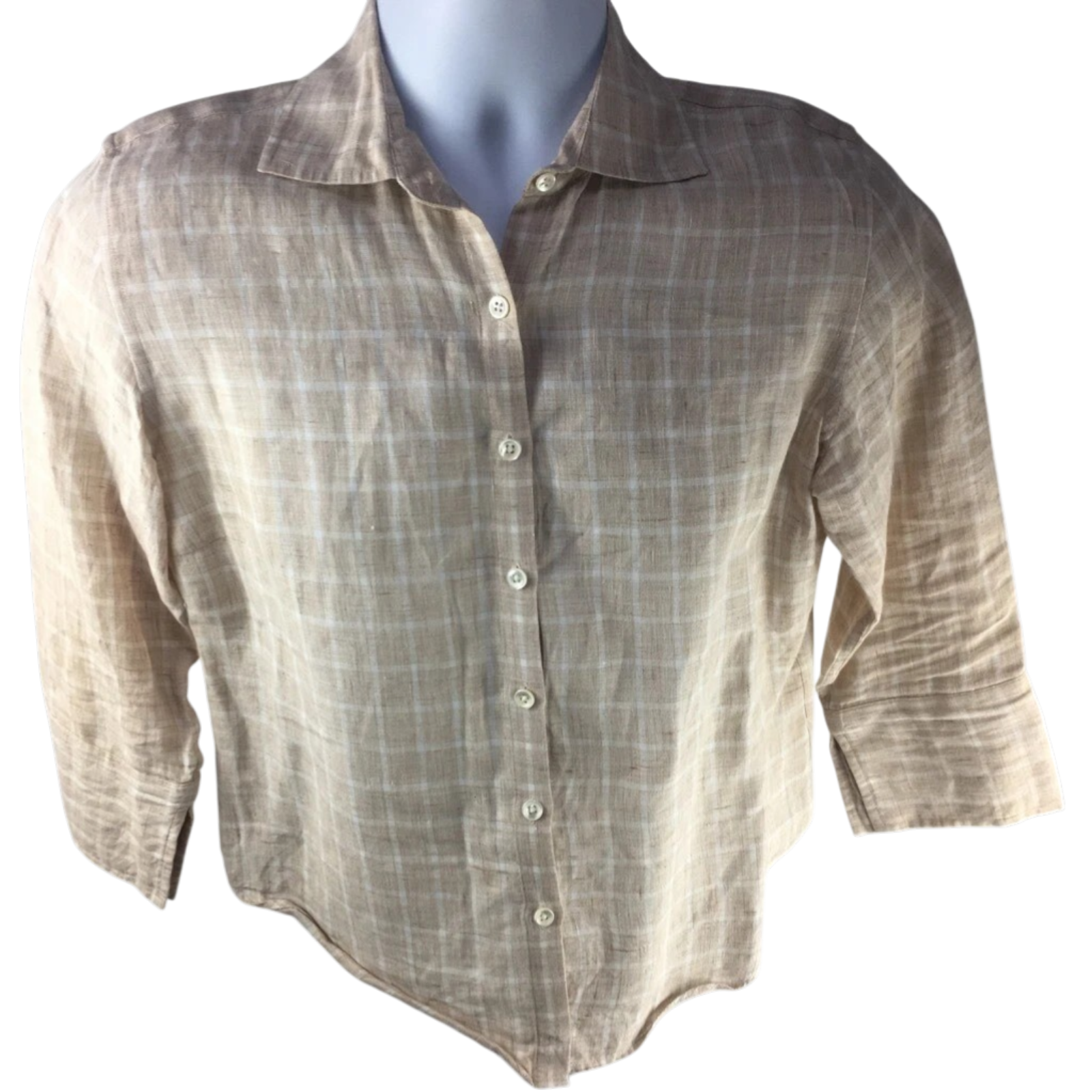 Faconnable Mens Button Front Shirt Beige Checks Round Hem Long Sleeves Linen S