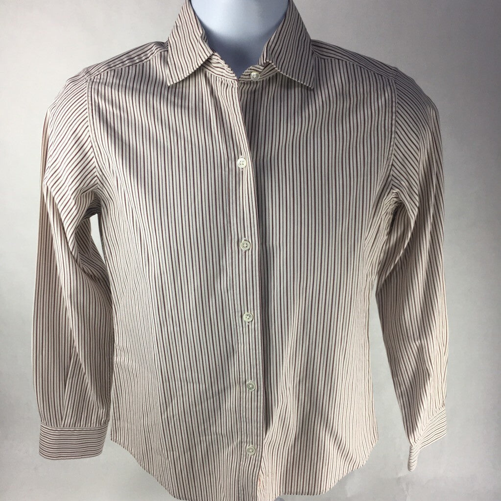 Faconnable Mens Button Front Shirt Ivory Brown Stripe Long Sleeve 100% Cotton XS