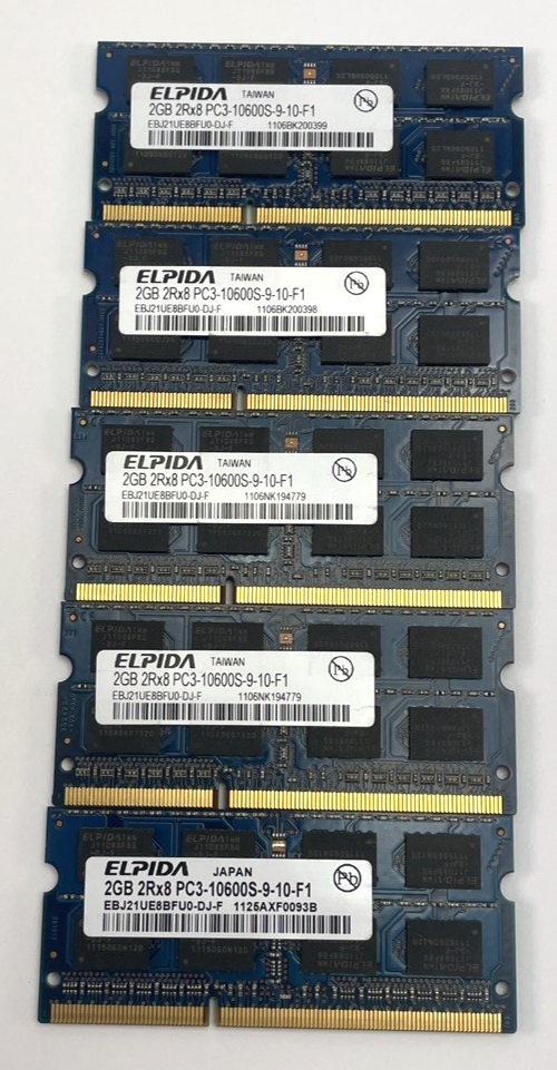 Lot of 5 x Elpida 2gb 2rx8 pc3-10600s-9-10-f1