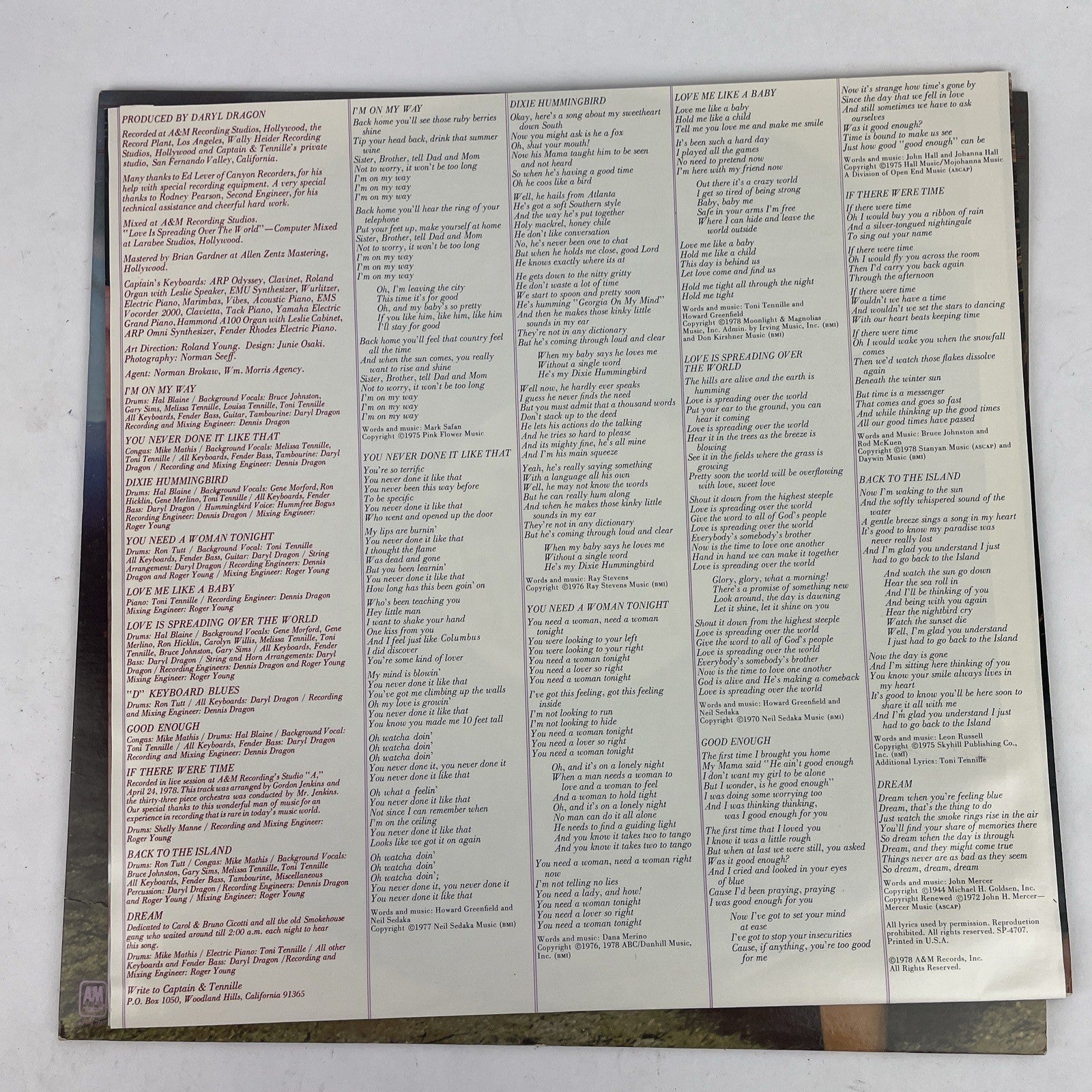 Captain & Tennille Dream A&M SP-4707 Vinyl Record Album LP 1978 A&M Records