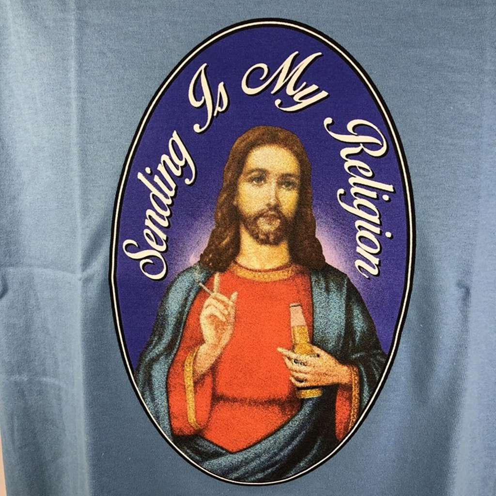 NEW Full Send " Sending is my Religion " SS T-Shirt Mens Medium BLUE Nelk Boys