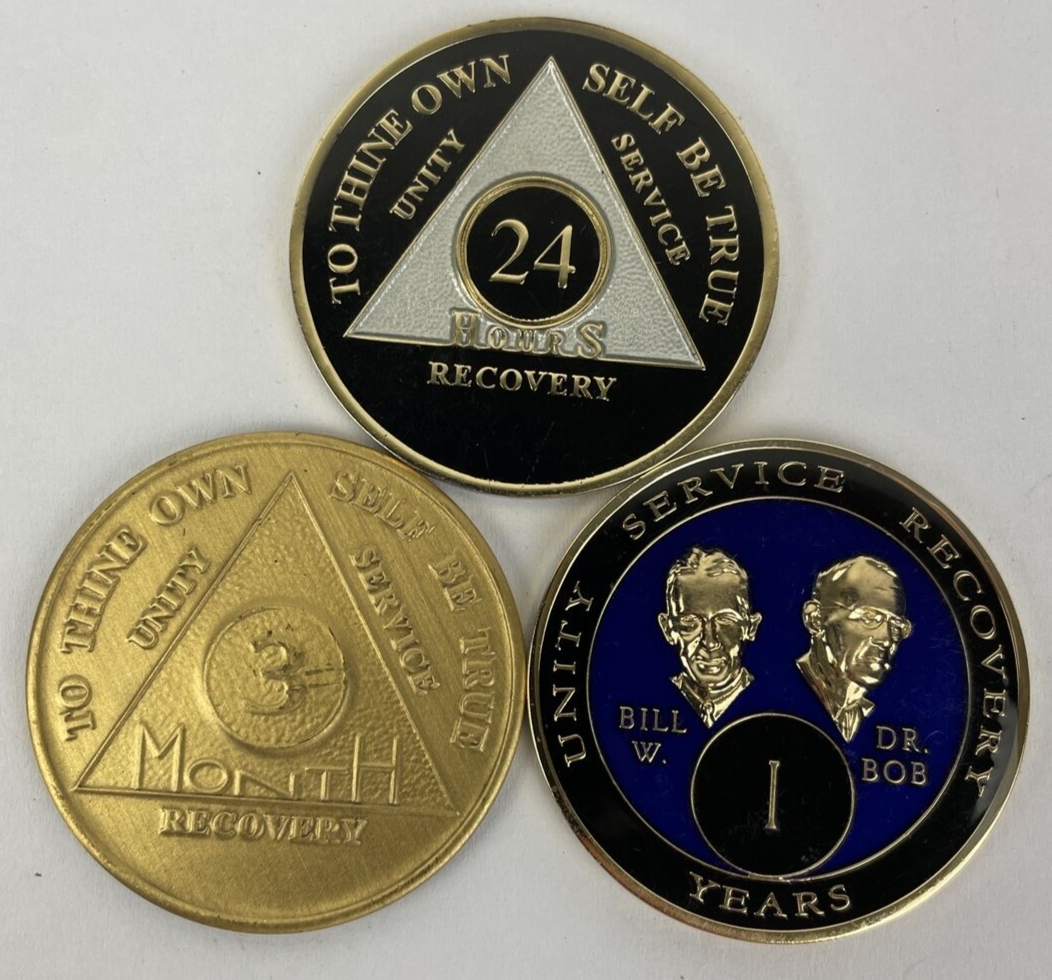 Alcoholics Anonymous 24 Hrs + 1 Year Bill W Dr Bob Recovery Coin Medallion AA