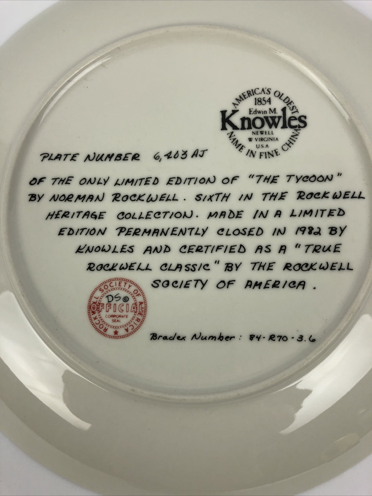 Knowles Limited Edition Norman Rockwell "The Tycoon" Collector 8.5” Plate -Mint