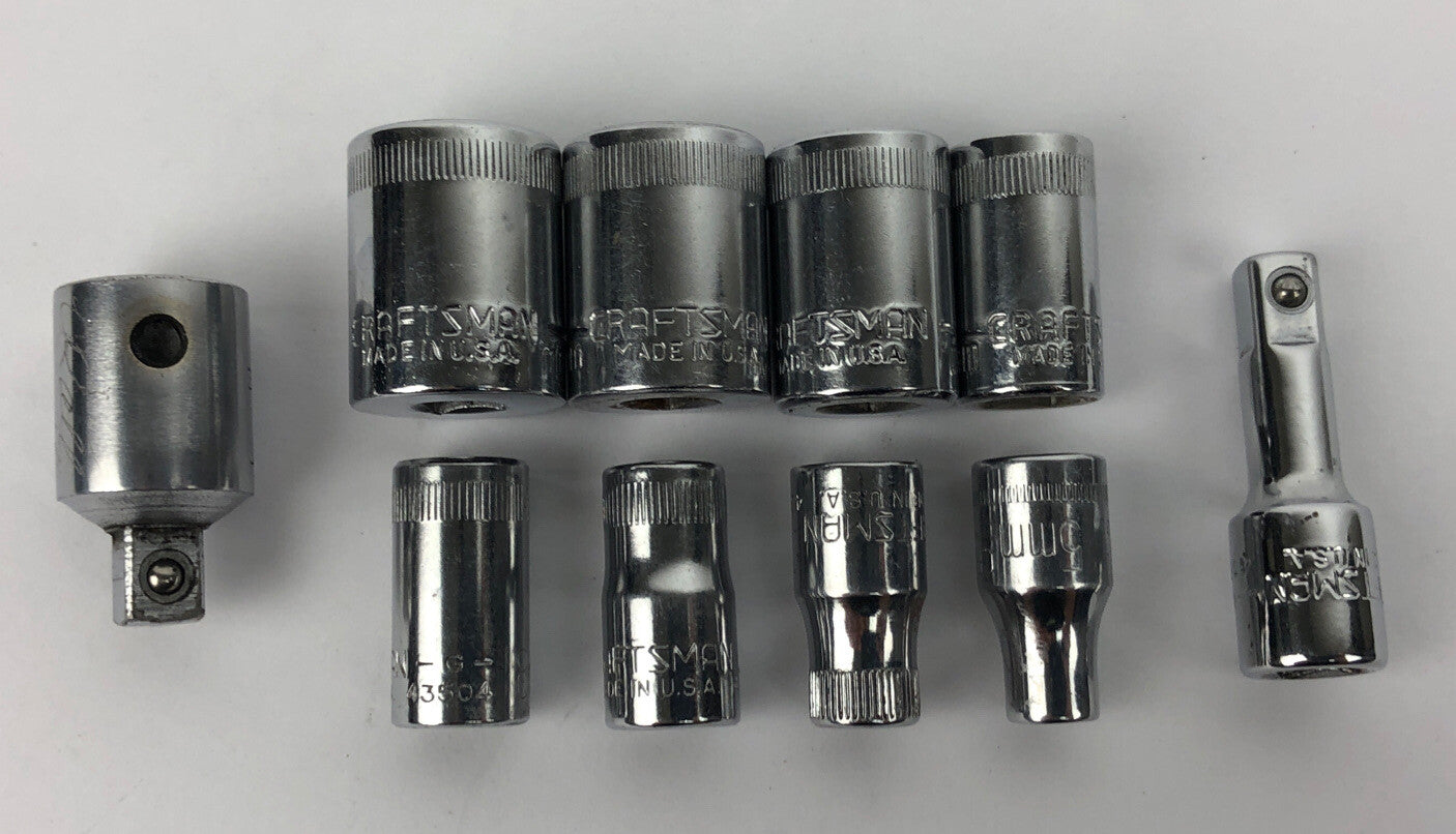 8 x Craftsman USA Sockets 13mm 12mm 11mm 9mm 8mm 7mm 6mm 5mm Shallow + Adapters
