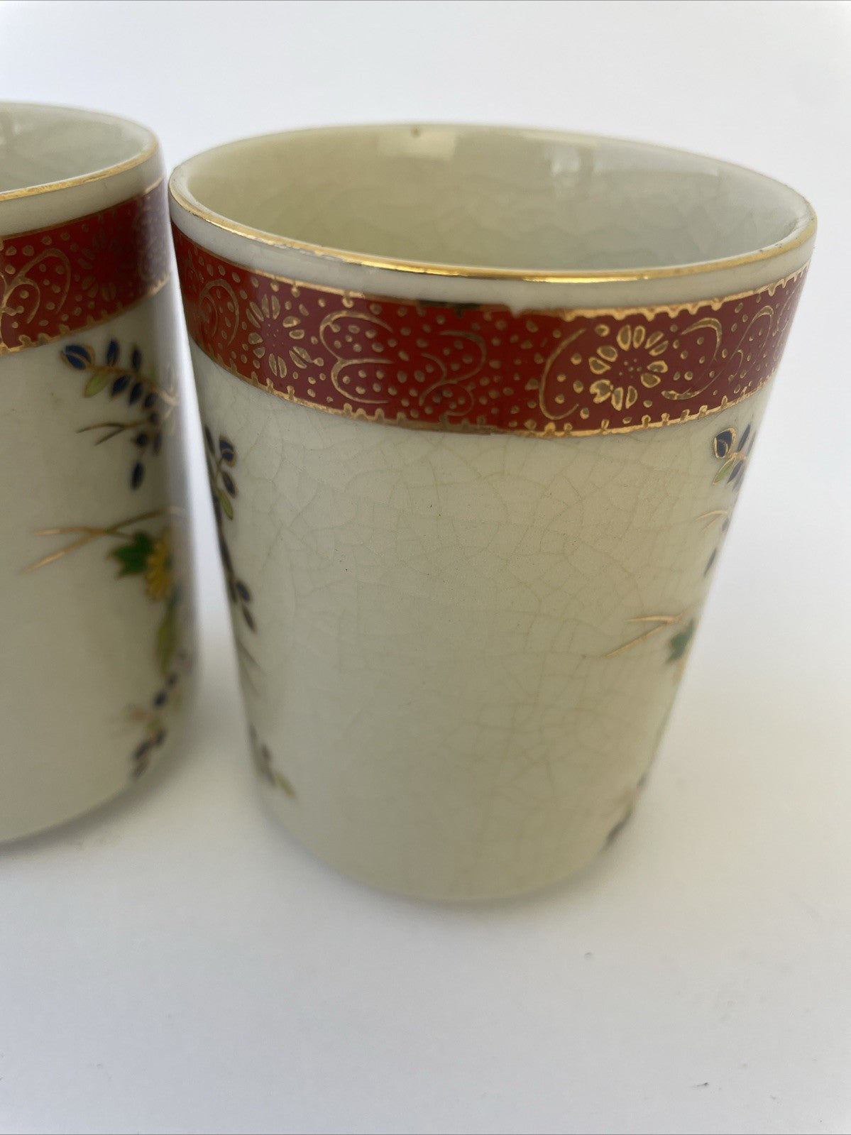 4 x Satsuma Japan Saki Crackled Teacup Hand Painted Floral Design 3.25" x 2.5"