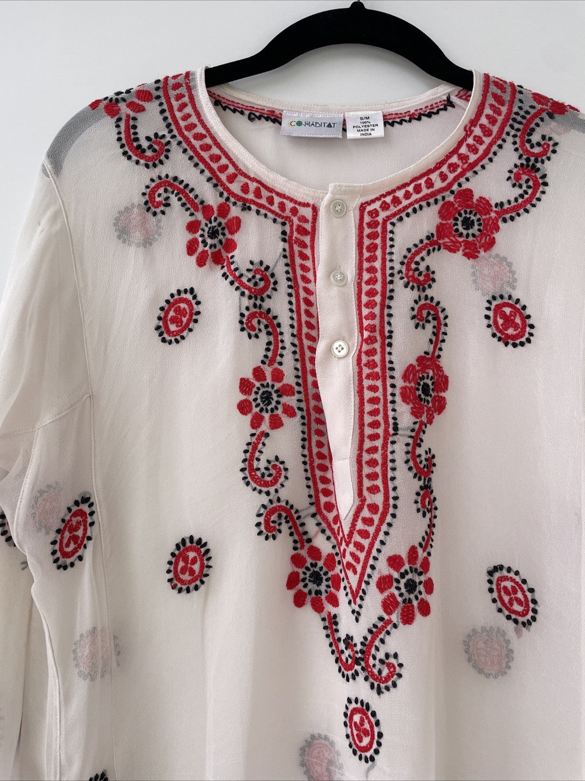 CoHabitat Linen Hand Embroidered Sheer Floral Button Front Tunic Top Size S / M