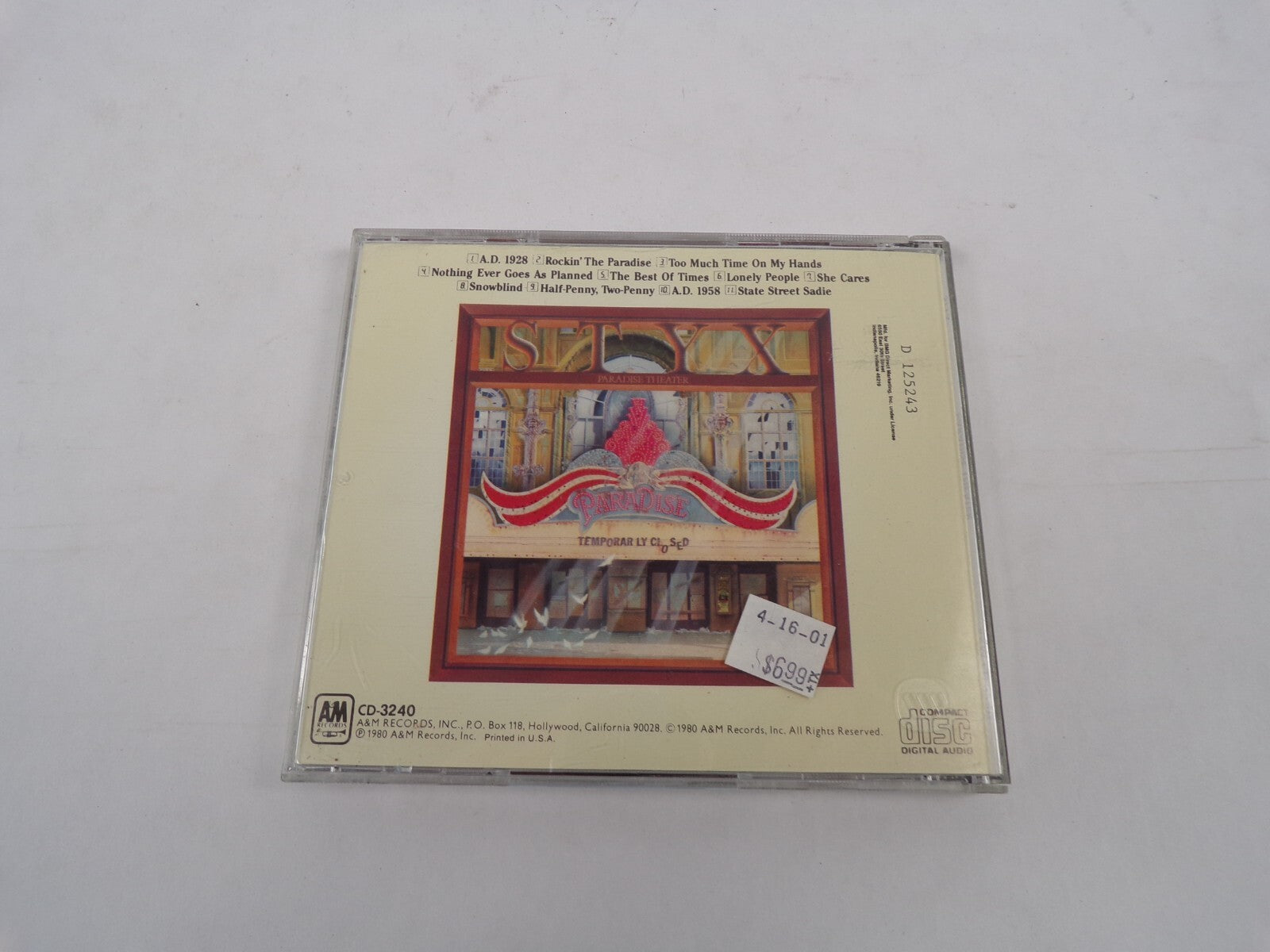 Styx Paradise Theater Lonely People She Cares Snowblind State Street Sadie CD#26