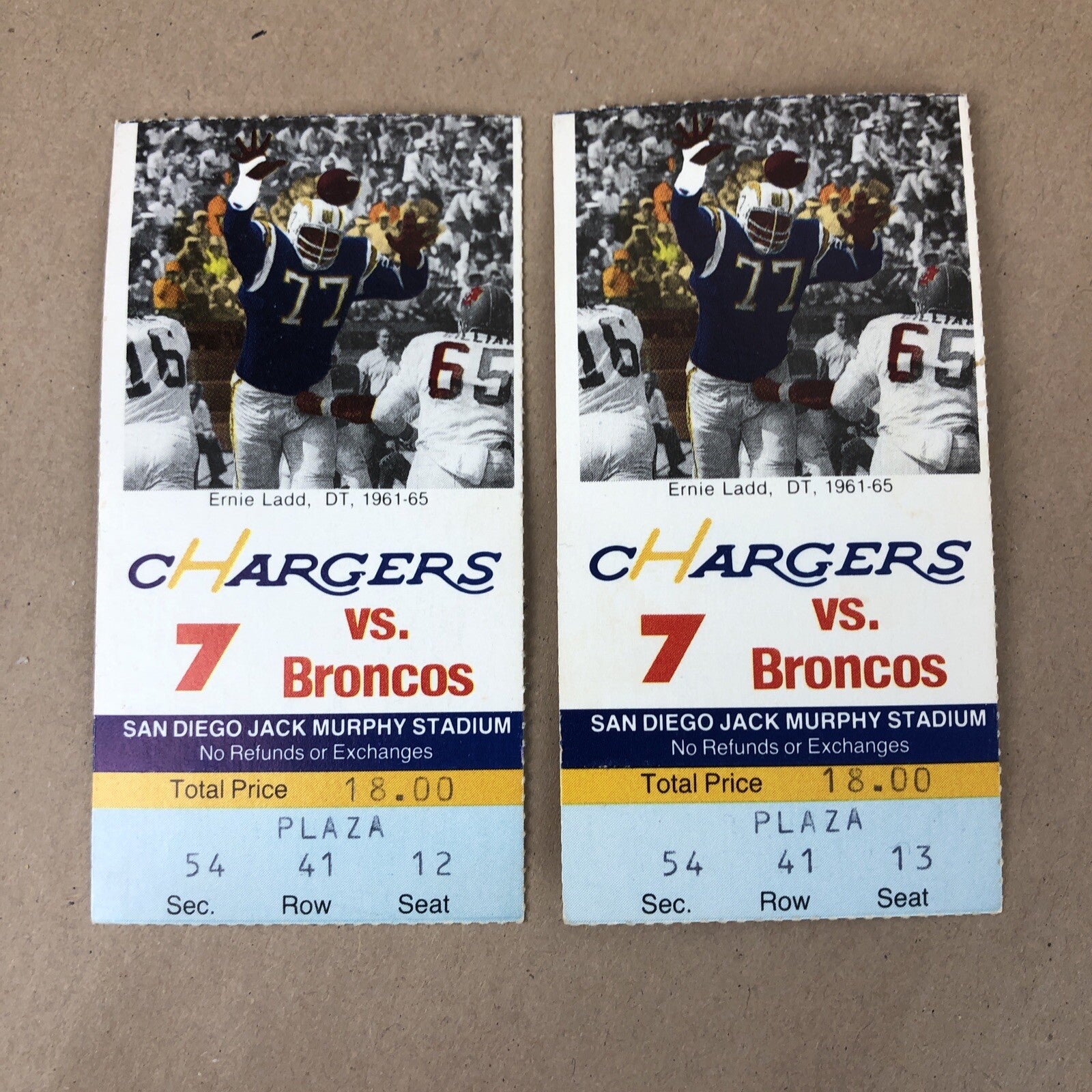 VINTAGE NFL DENVER BRONCOS @ San Diego CHARGERS FOOTBALL TICKET STUBS  (2) 
