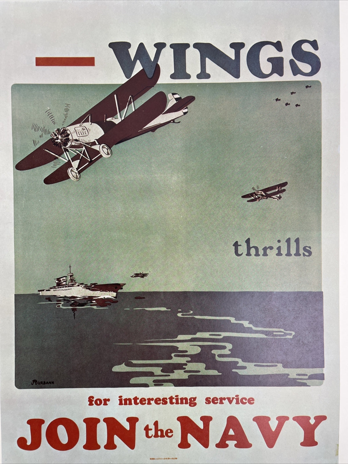 PRINT OF WWII NAVY Wings Thrills Navy RECRUITMENT POSTER Join the NAVY 20" x 16"