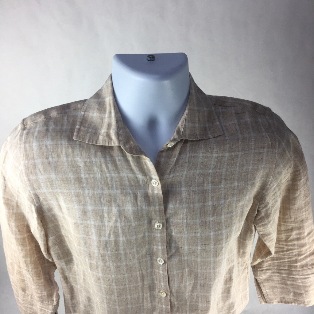 Faconnable Mens Button Front Shirt Beige Checks Round Hem Long Sleeves Linen S