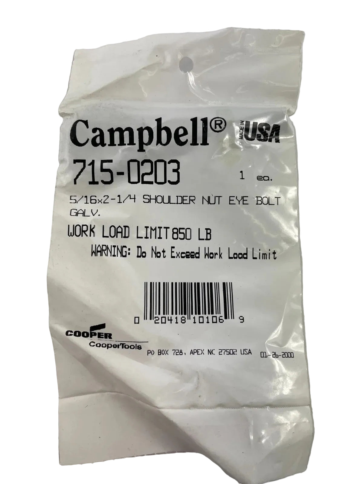 Campbell 715-0203 5/6x2-1/4 Shoulder Nut Eye Bolt Galv Work Load Limit 850 LB