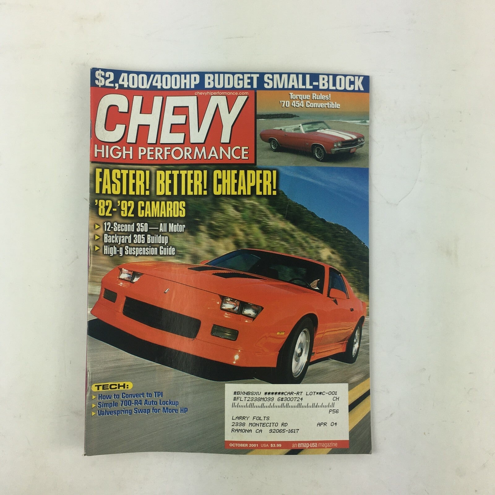 October 2001 Chevy High Performance Magazine Faster! Better! Cheaper! Backyard..