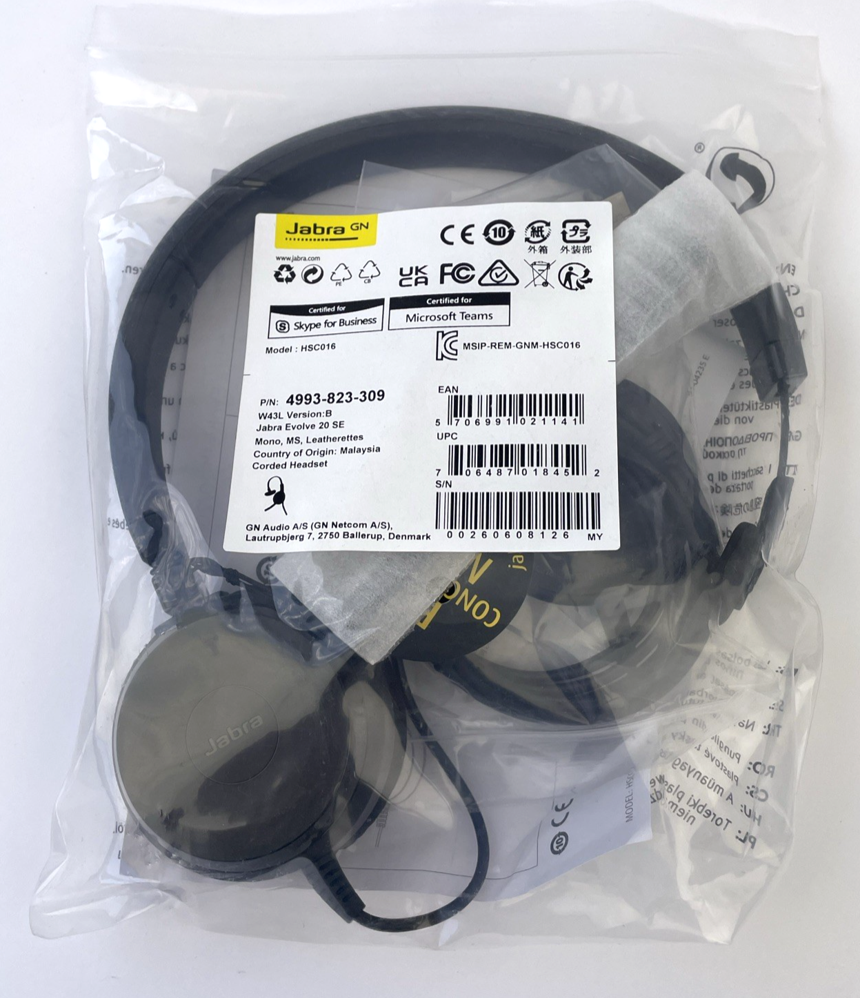 Jabra Evolve GN 20 SE MS Mono Wired Headset USB-A 4993-823-309 NEW