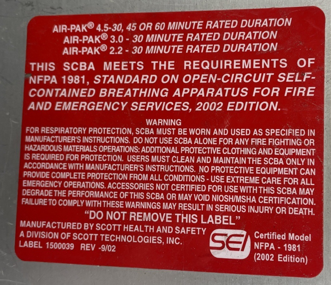 SCOTT SAFETY 4.5 4500 SCBA Air Pack Harness EZ-Flow Air Pak Plus with Sensor N