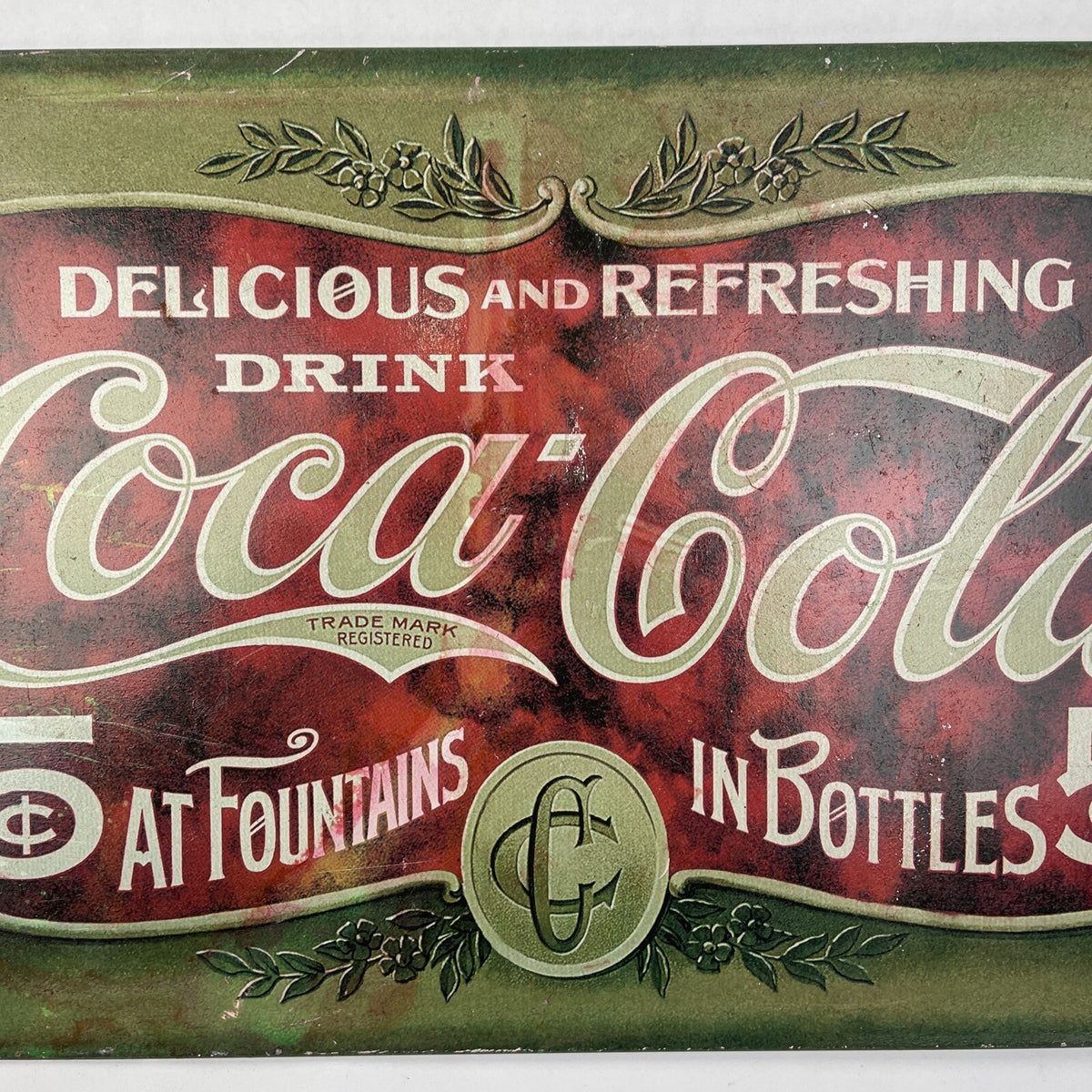 1999 Coca-Cola Metal Sign 16" x 8.75" Delicious Refreshing 5¢ Fountains Bottles