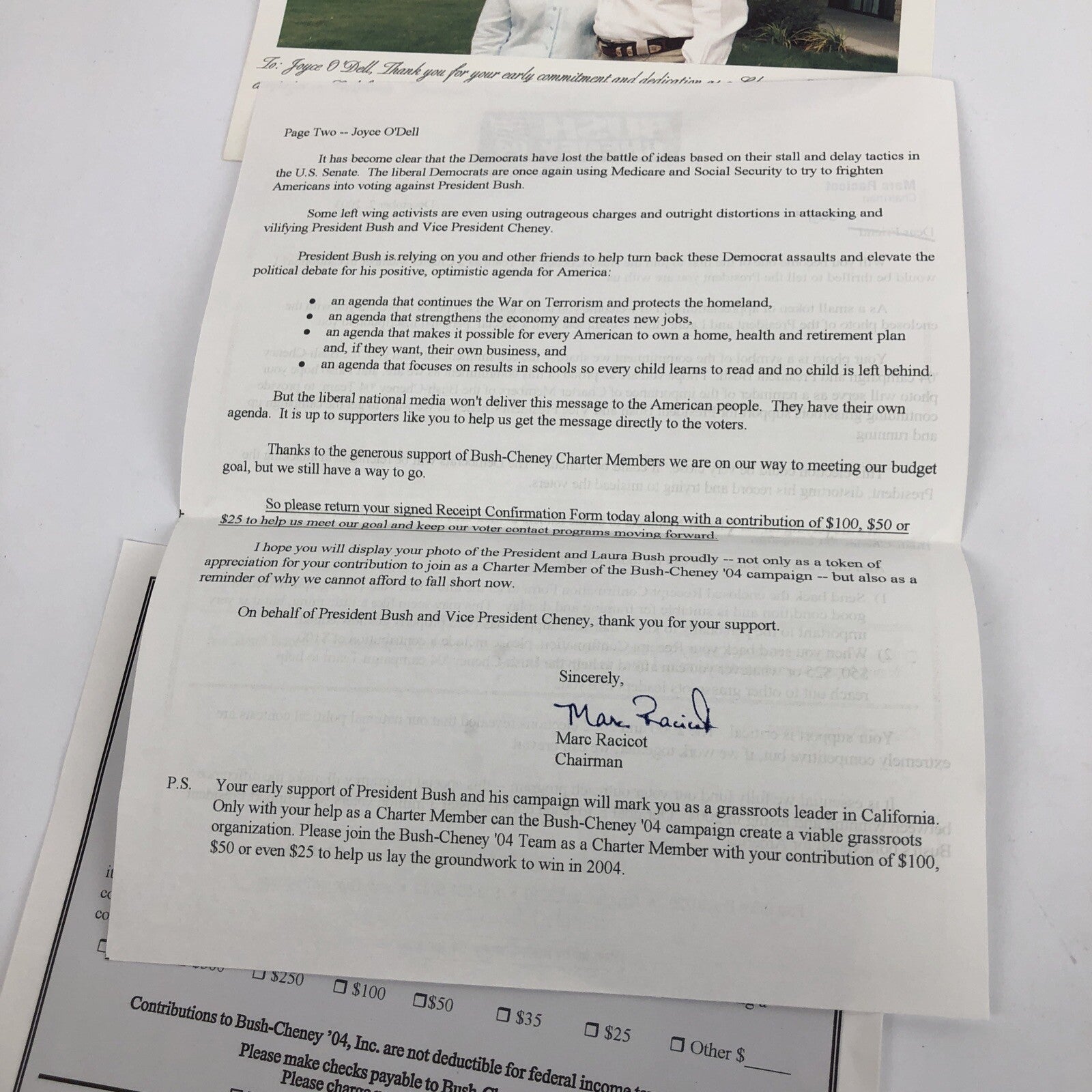 LAURA GEORGE W BUSH Signed Auto Charter Member Campaign 2003/4 W Receipt +