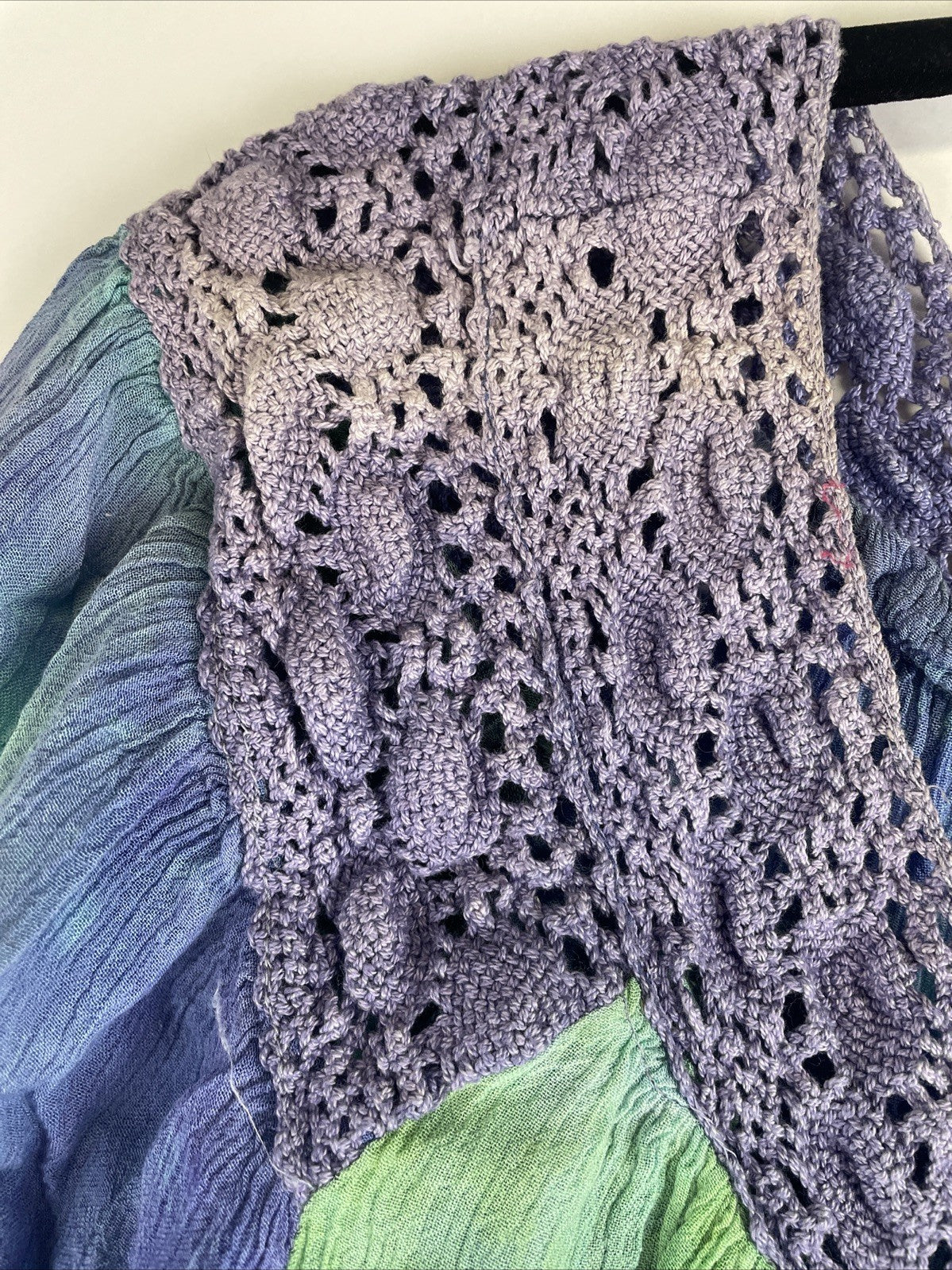 Roaman's Tops Women's Purple Green Tye-Dye Blouse top w Crochet Neckline Sz Med