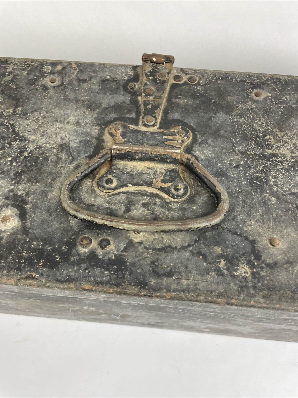 Vtg Mid-Century 1953 Military Black Metal Fishing Tackle Tool Box Embossed LOOK