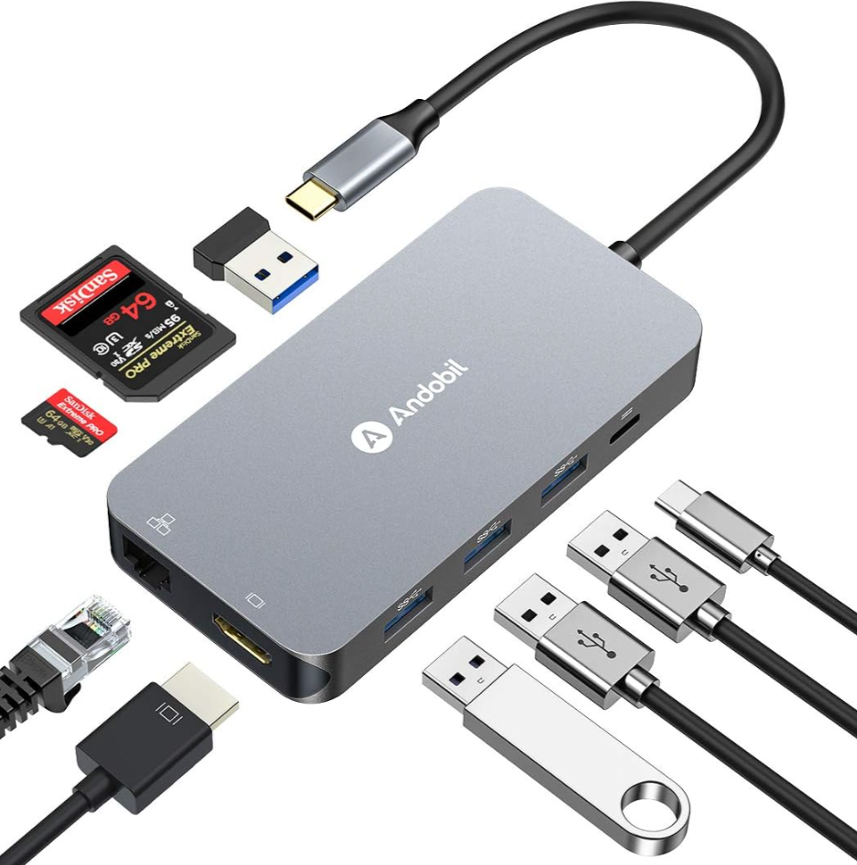 Andobil 9-in-1 USB C Hub Adapter Dongle with 1Gbps Ethernet Port, 4K HDMI, 4 USB