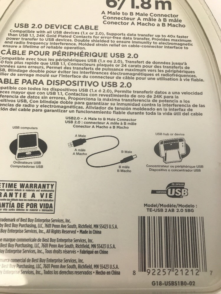 New Dynex USB 2.0 Device A Male to B Printer Cable w Gold Plated Connectors 6'