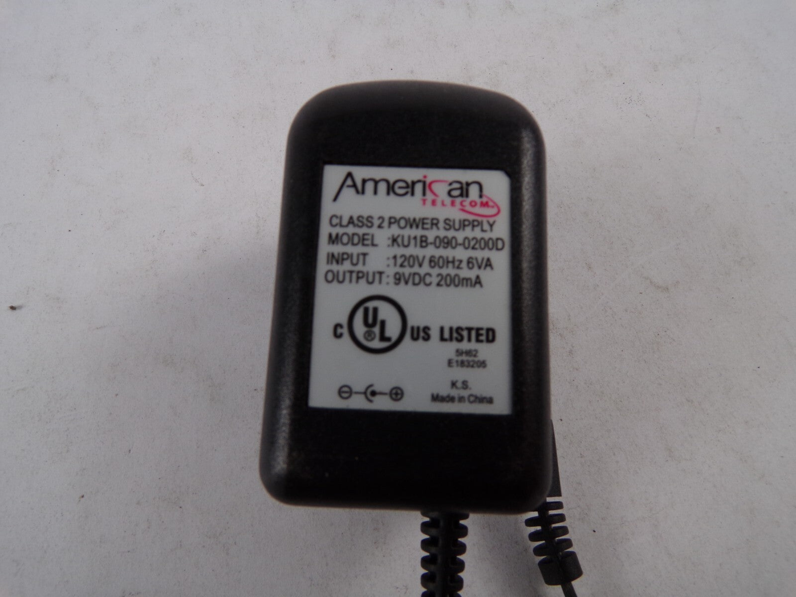 Geniune American KU1B-090-0200D Class2 Output 9V  200mA Power Supply Adapter A56