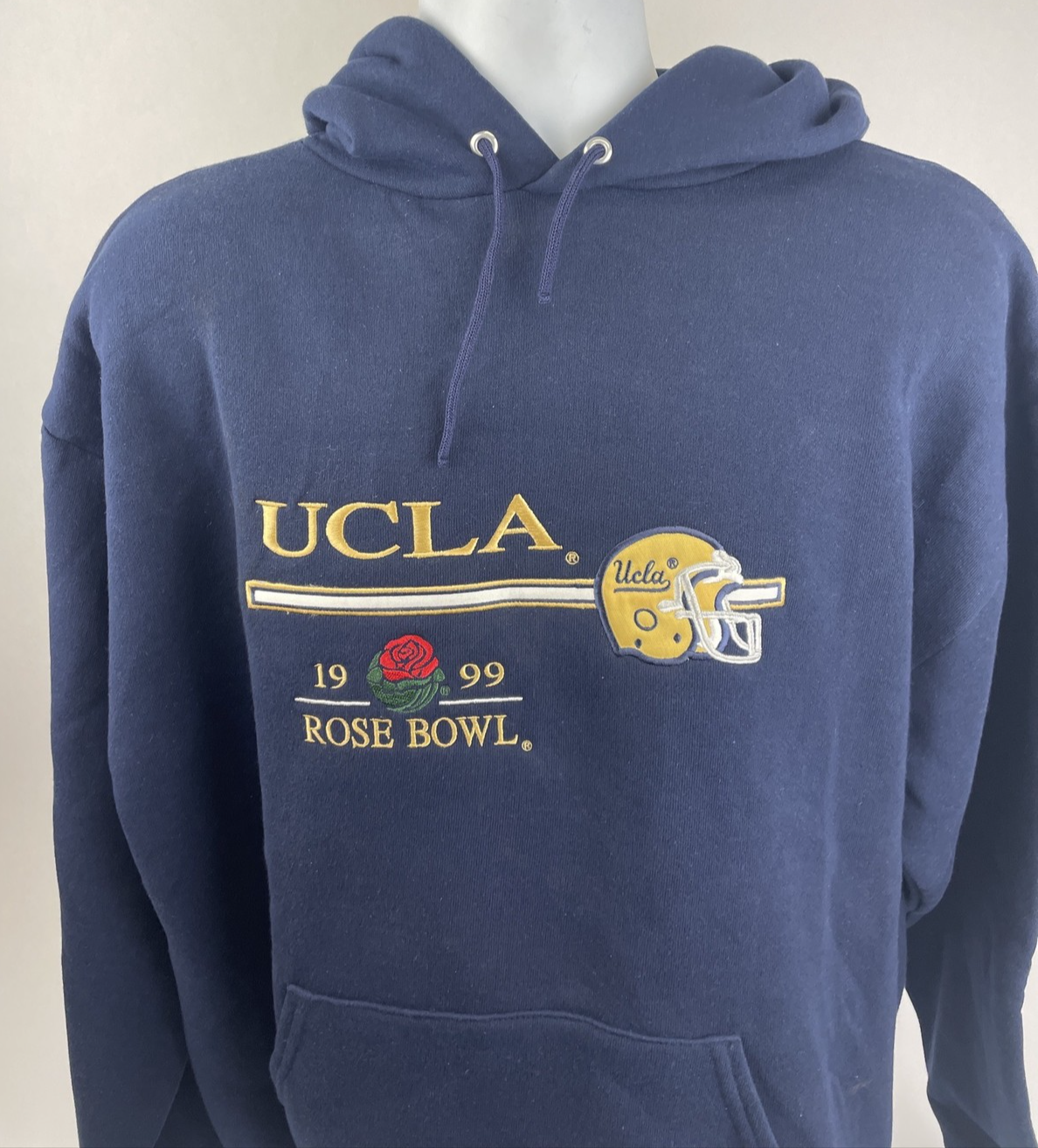 Vintage 90s UCLA Rose Bowl 1999 Heavy Hooded Pullover Sweater Mens XL Navy Blue