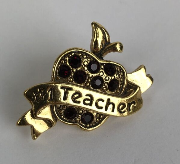 Vintage Avon Gold Tone Red Rhinestone Apple #1 Teacher Ribbon Brooch Lapel Pin 