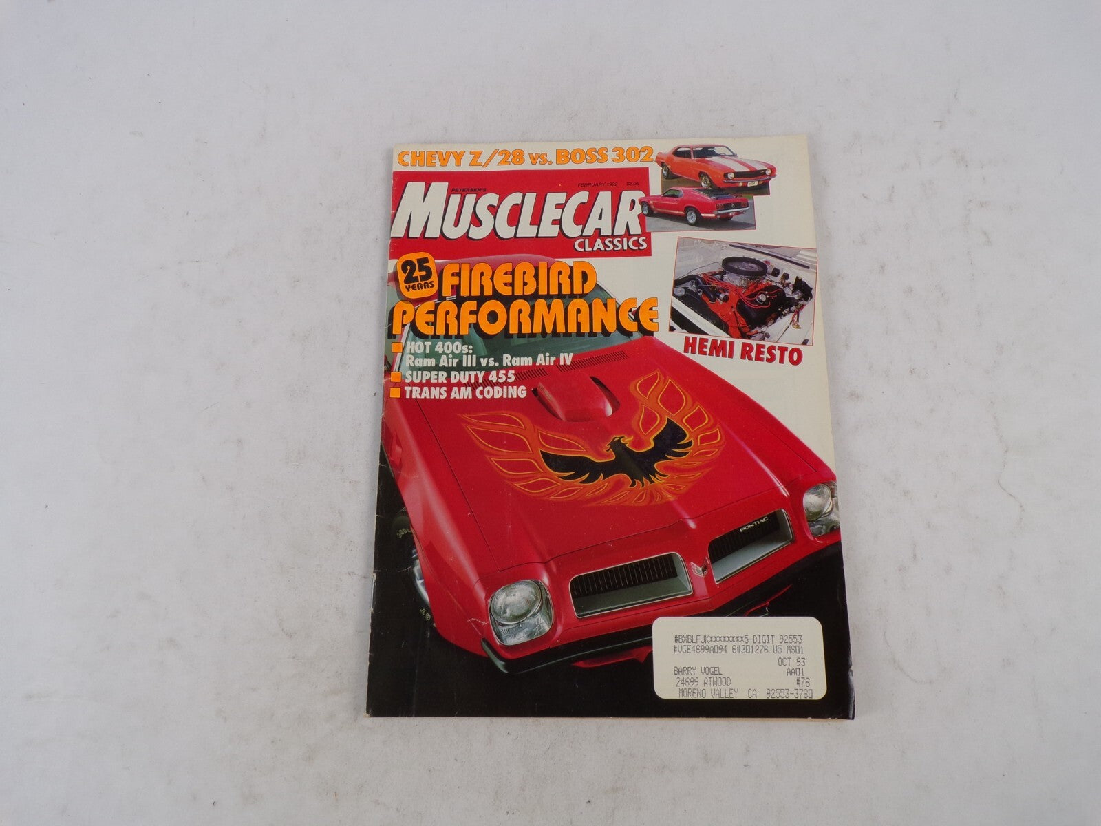 October 1993 Muscle Car Firebird Performance Chevy z/28 Vs. Boss 302 Hemi Resto