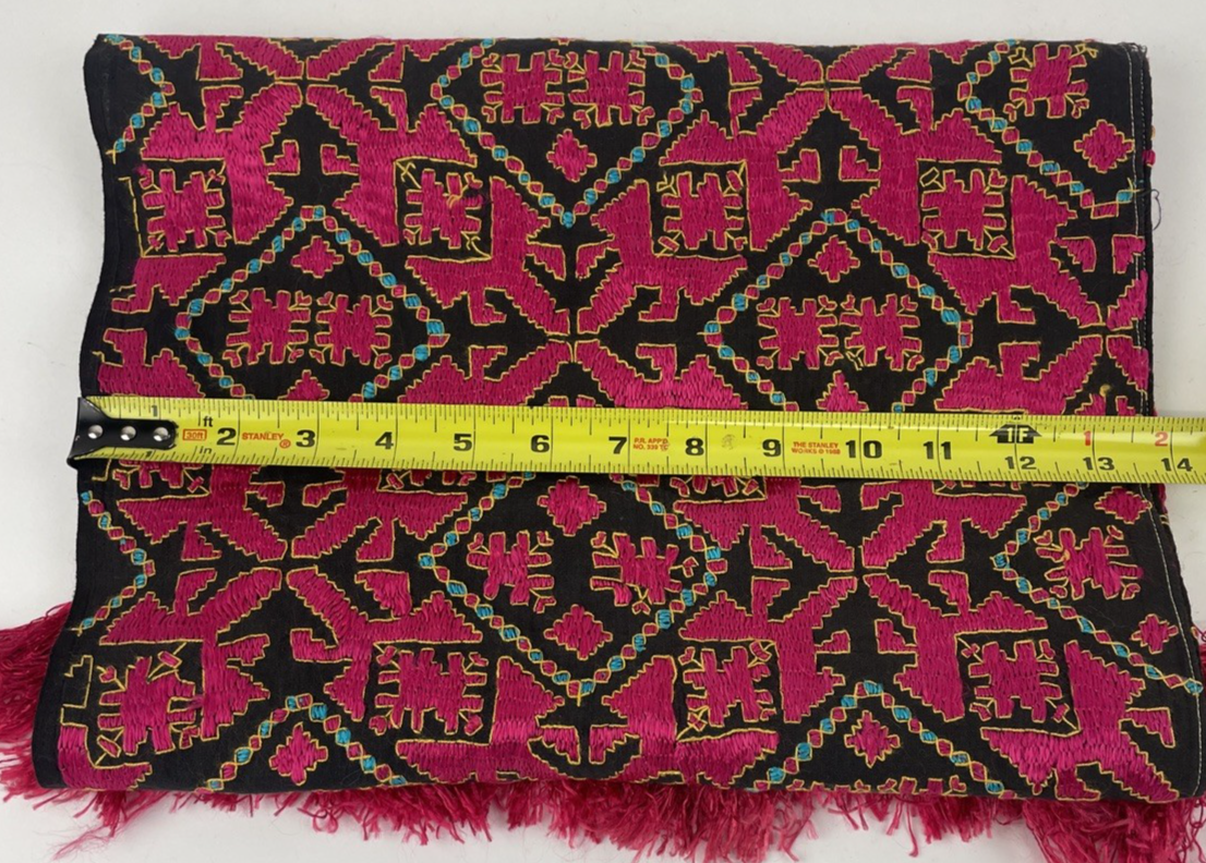 Vintage South Asian Silk Swati Textile Hand Embroidery Magenta Black 76" x 13.5"