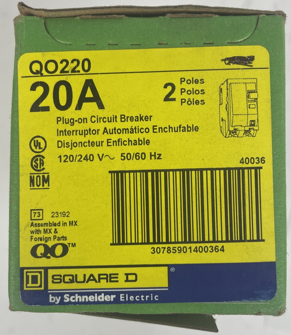 NOS OEM Square D by Schneider QO220 20 Amp Plug On 2-Pole Circuit Breaker