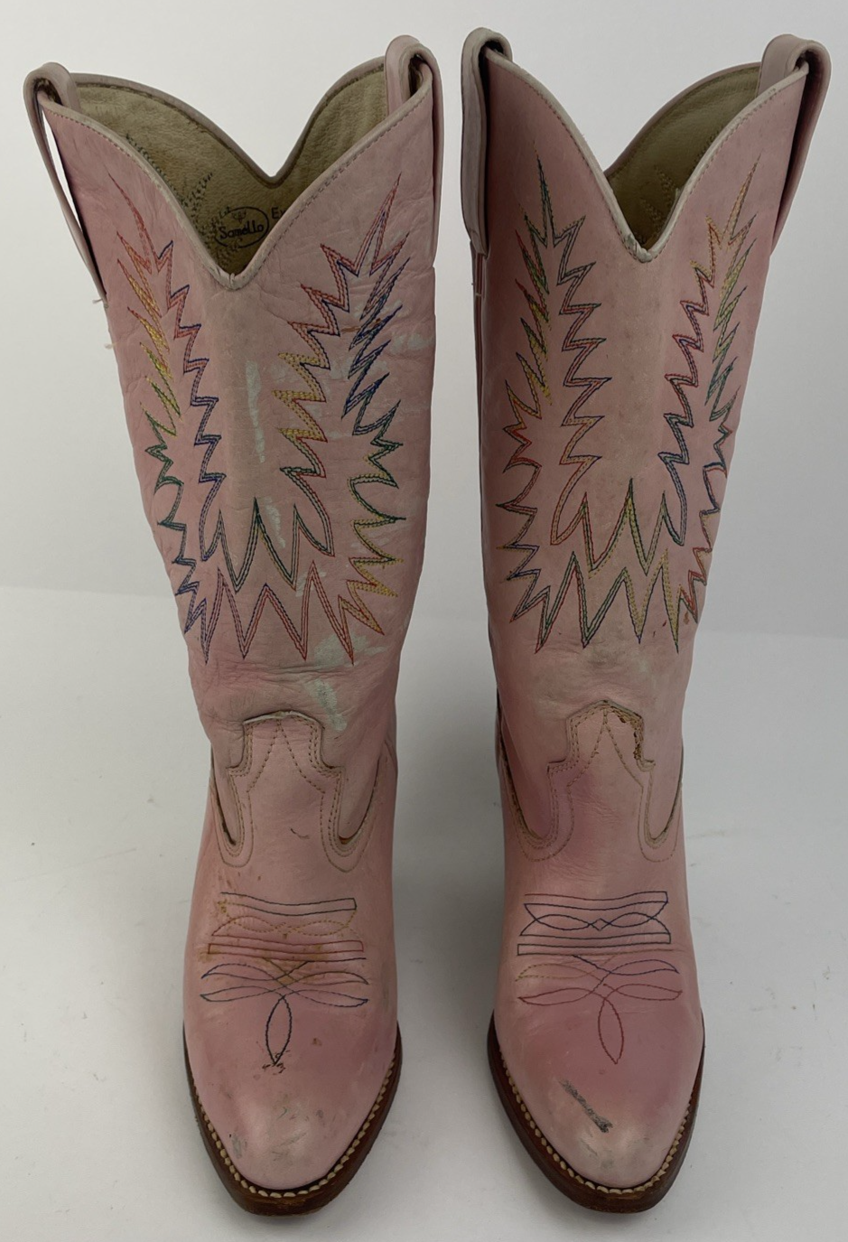 Samello for Circle Kane Cowboy Boots Pink w Rainbow embroidery Sz 7M Brazil Made