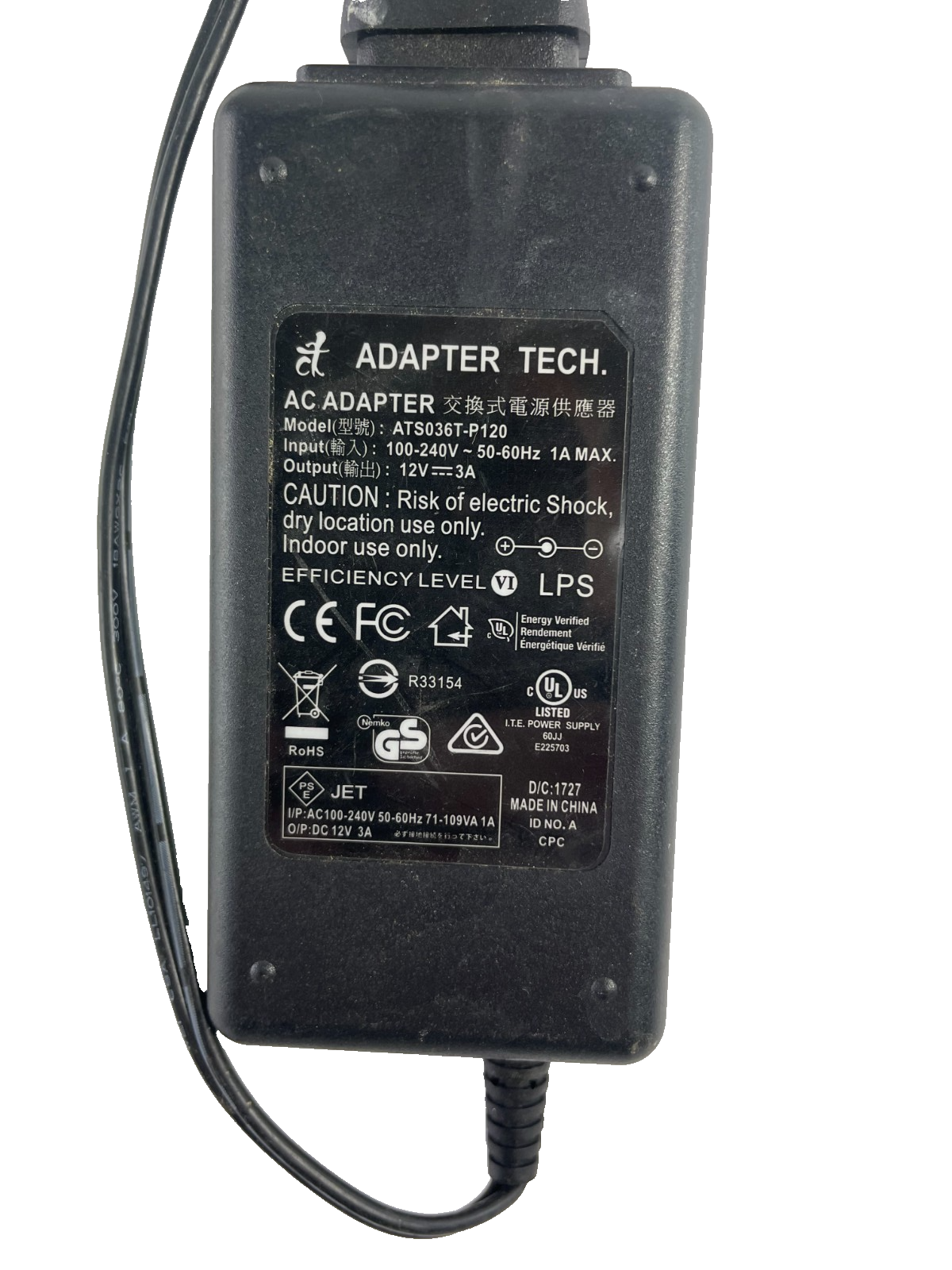 Geniune Adapter Tech Model ATS036T-P120 Output 12V 3A Power Supply Adapter #A78