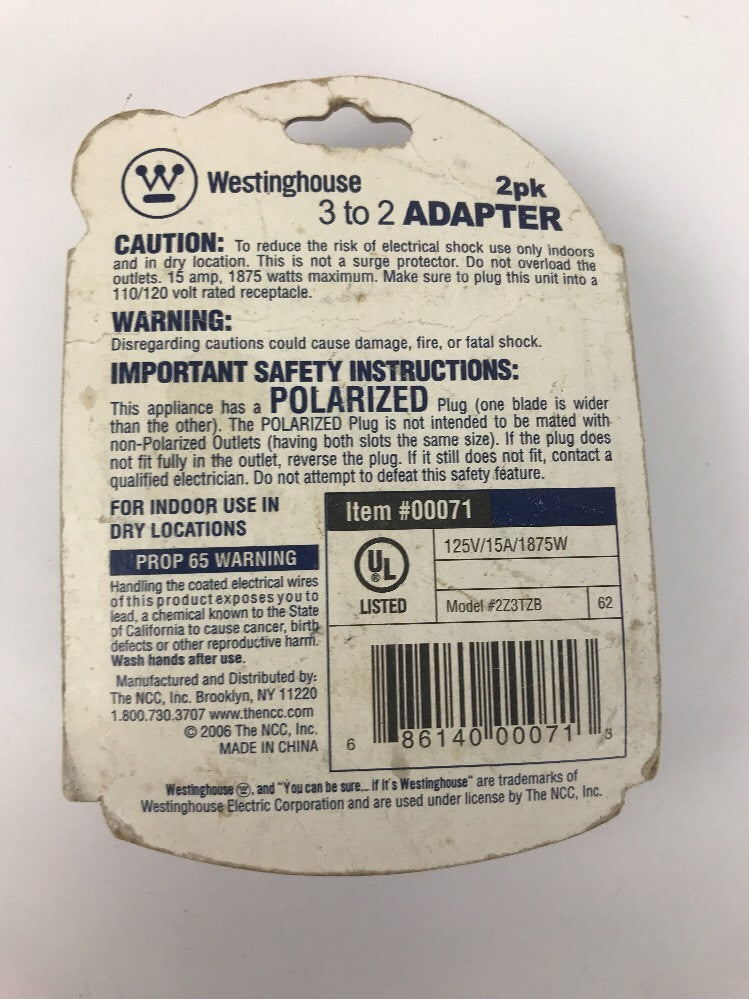 WESTINGHOUSE 3 TO 2 ADAPTER 3-WIRE TO 2-WIRE ADAPTER 2 IN PACK - 3 PRONGS TO 2