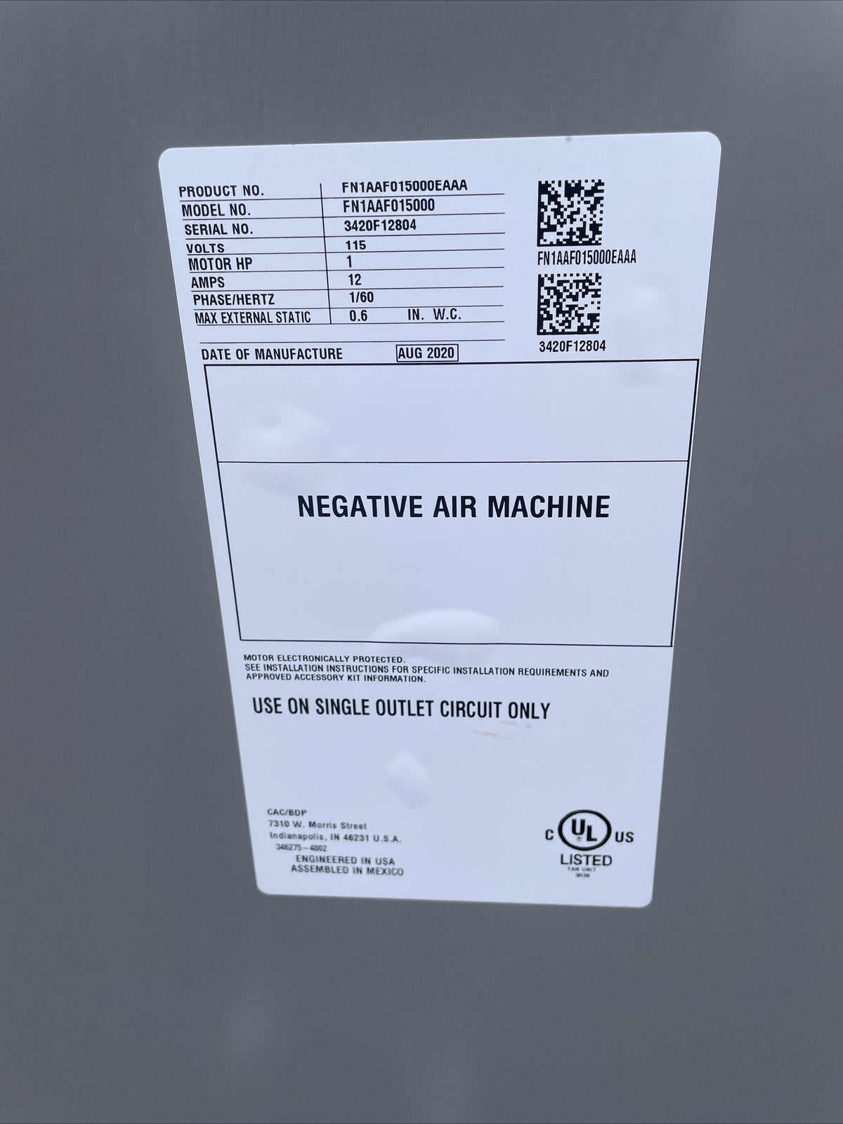 Carrier OptiClean™ Dual-Mode Air Scrubber & Negative Air Machine Model - FN1AAF