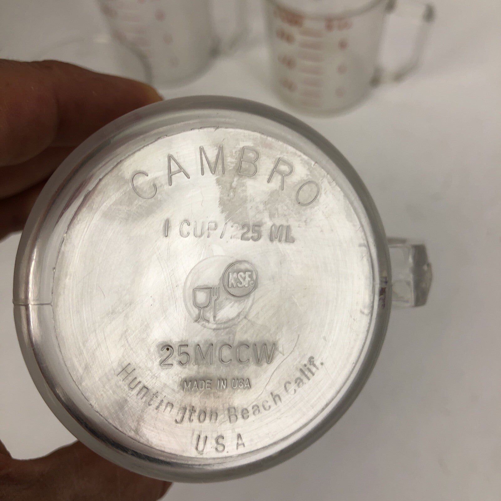 Set of four Cambro Camwear clear 1 cup measuring cups made in the USA.