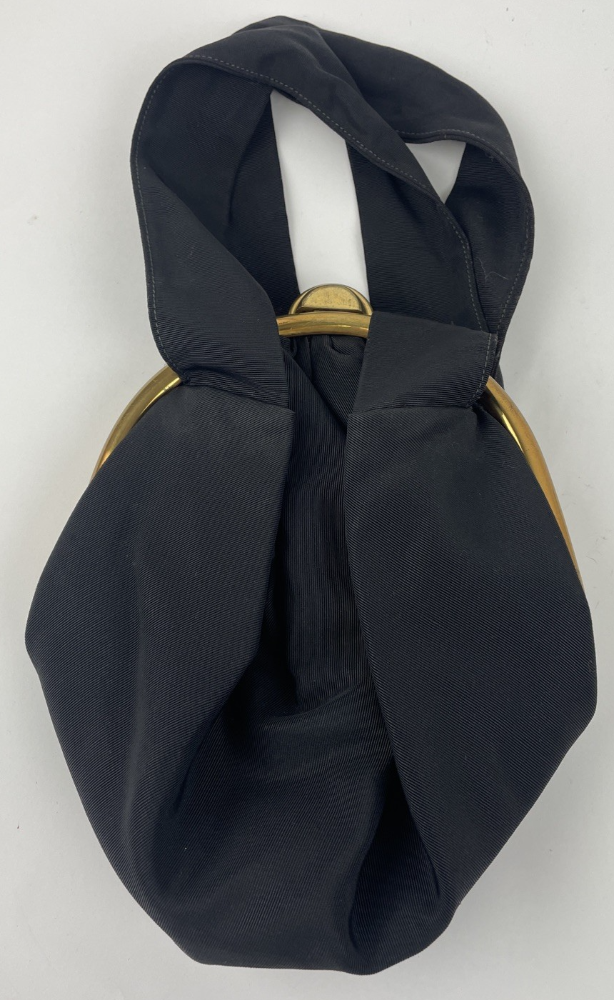 Ingber Evening Black Crepe Handbag Clutch Clamshell Gold RS Clasp USA VINTAGE