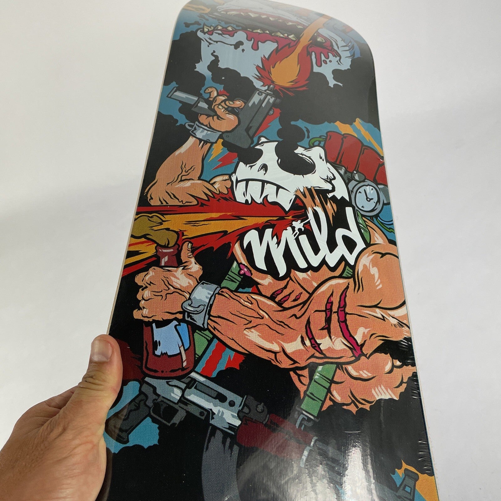 Mild Skateboards War Warrior 7.75-inch rare skateboard deck with premium maple construction and bold graphic artwork.
