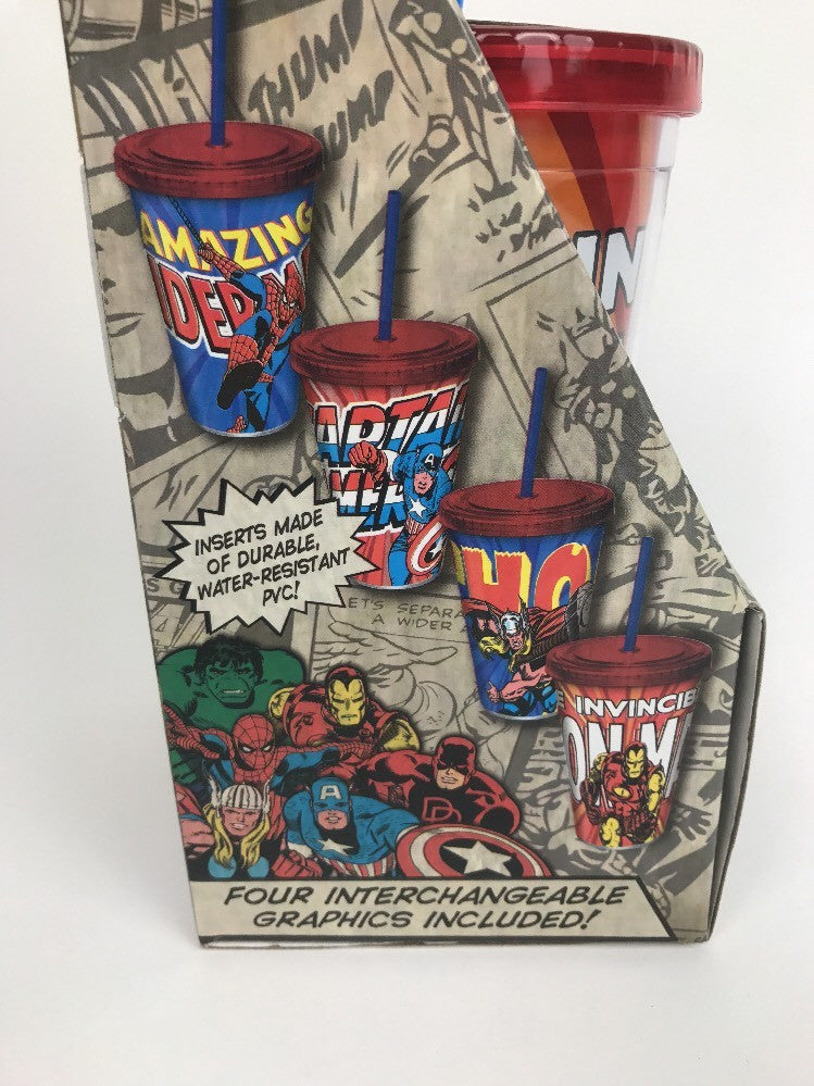 4 Marvel Comics Cups In One! Tall Plastic Drinking Cup W Straw - Rare Item ICUP