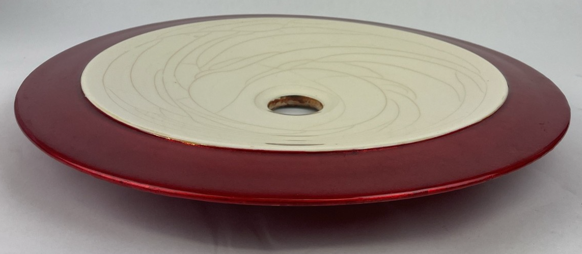 Round Designer Glass Vessel Sink Creme w Metal Red Modern Decor Design OD 15.25"