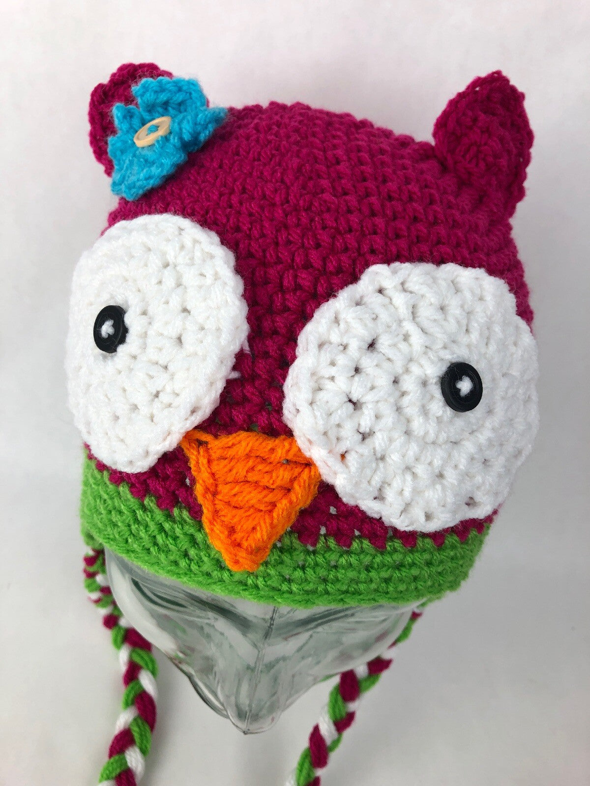 New Hand Knit Pink Green OWL FACE & Ears Winter HAT Cap Child Kids W Tie Straps