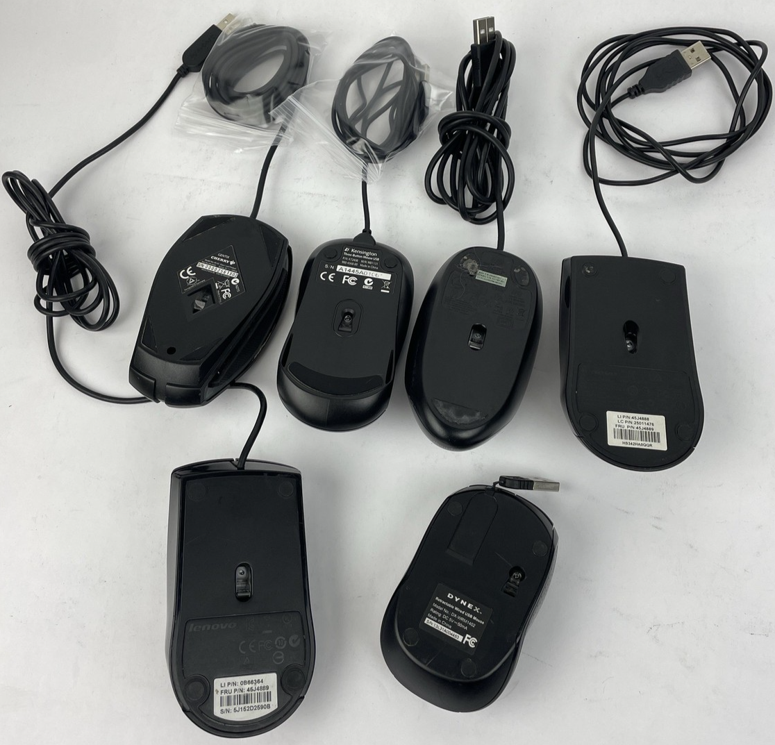6 x Assorted Corded Mouse Lot - CHERRY GENTIX, 2 x Lenovo, Dynex, HP, Kensington