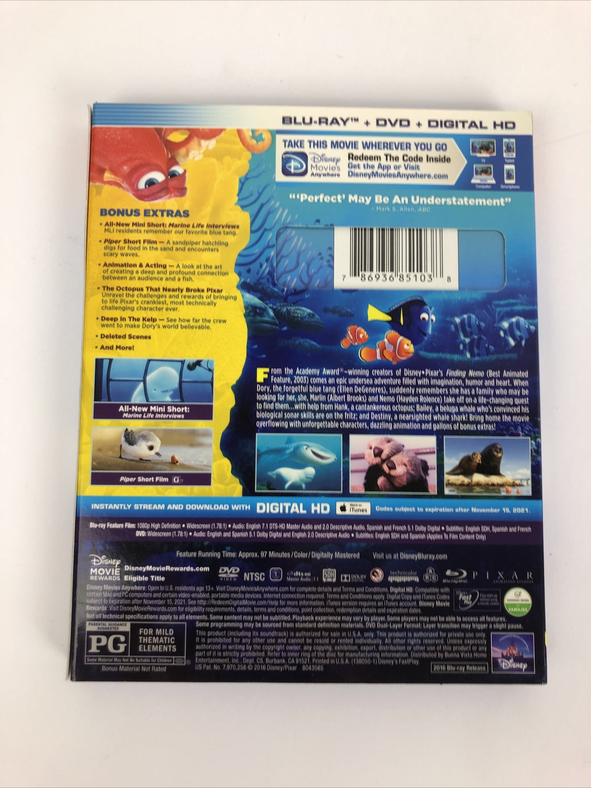 Disney Pixar " Finding Dory " Blu-Ray DVD and Bonus Disc Mint Discs Guaranteed