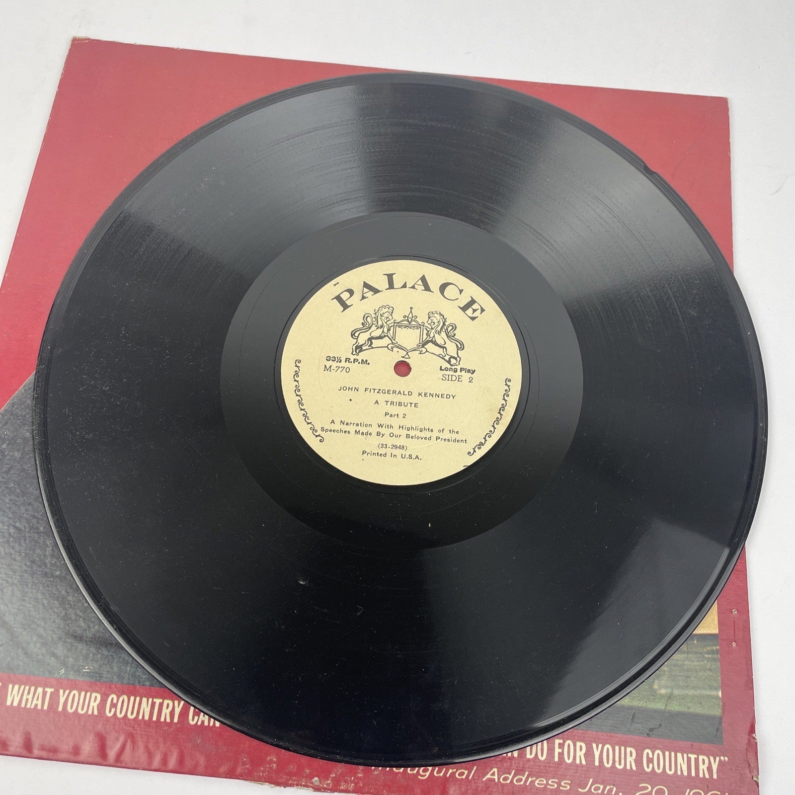 JFK John F. Kennedy Inaugural Address Jan. 20, 1961 on 12" LP Record 33 1/3 rpm