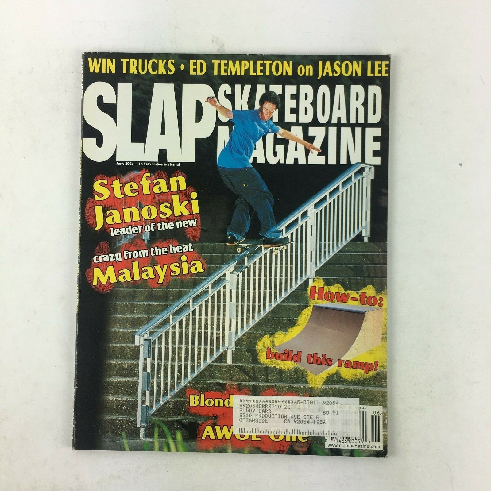 June 2001 Slap Skateboard Magazine featuring Stefan Janoski, Malaysia, AWOE, One, and Jason Lee.