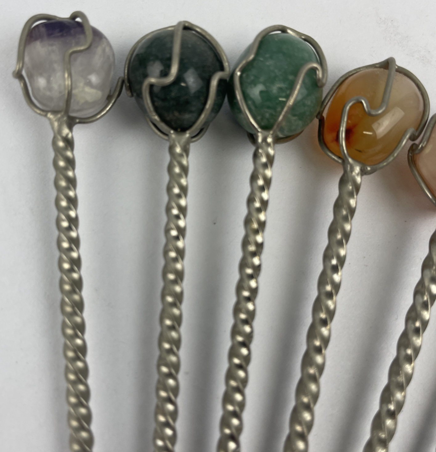 Vintage POLISHED AGATE TOP SET OF 9 SILVERPLATE Party HORS D'OEUVRE PICS 4"