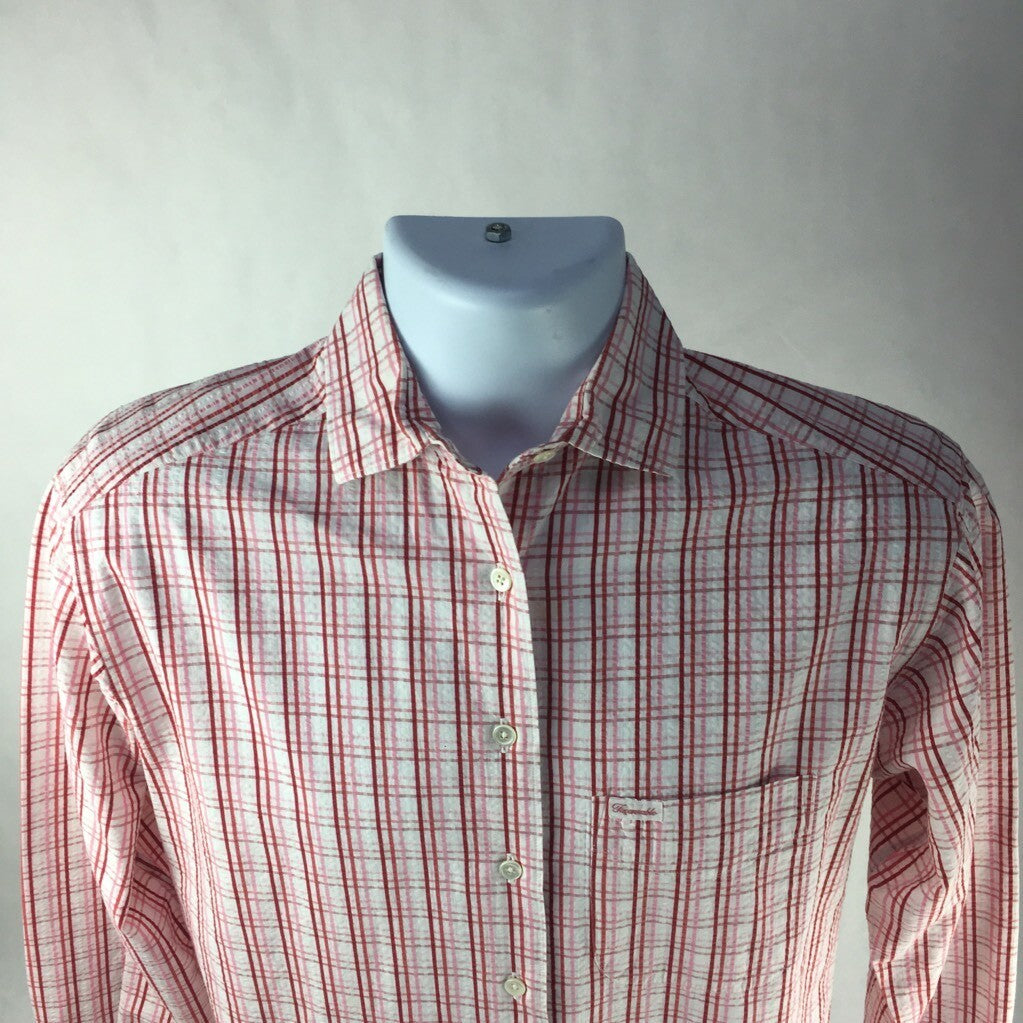 Faconnable Mens Button Front Shirt Pink White Plaid Long Sleeves 100% Cotton XS