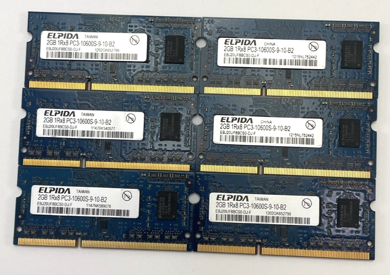 Lot of 6 x Elpida 12GB (2x 2GB) 1Rx8 PC3-10600S-9-10-B2, Apple iMac