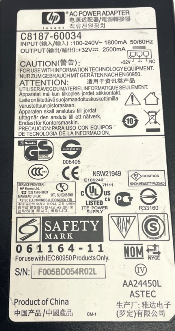 Genuine HP 32V 2.5A 80W AC Adapter Power Supply Charger C8187-60034          A00